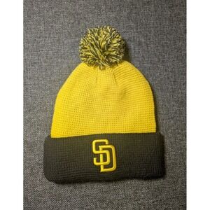 SD San Diego Padres Logo MLB Pom Knit Beanie  One Size Black Yellow Baseball Hat